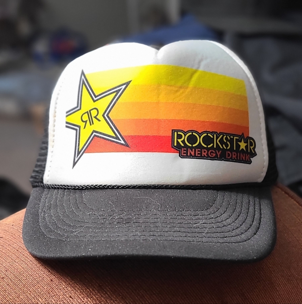 Rockstar Energy Trucker Hat - Yellow & Orange Stripe Y2K